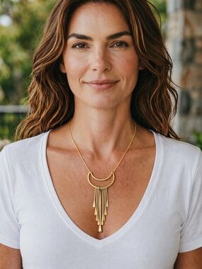 Gold Fringe Crescent Pendant Necklace Boho Statement
